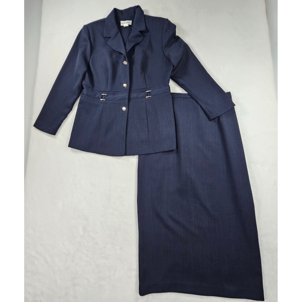 Nicole Studio Skirt Suit Set Womens 16 Navy Blue Excellent Maxi Skirt Blazer
